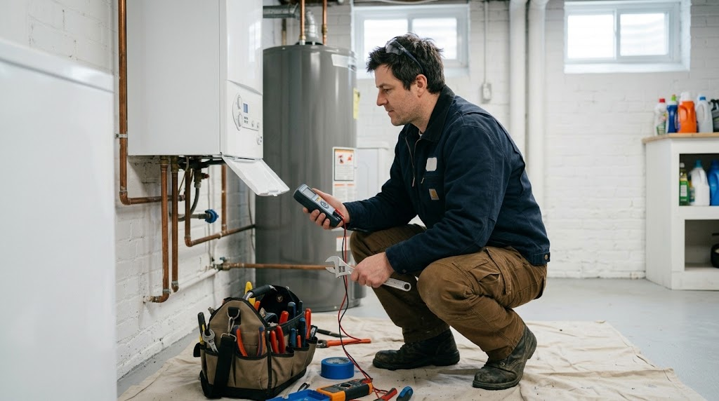 Technician inspecting commercial steam boiler and pressure gauges in Windsor Terrace Brooklyn