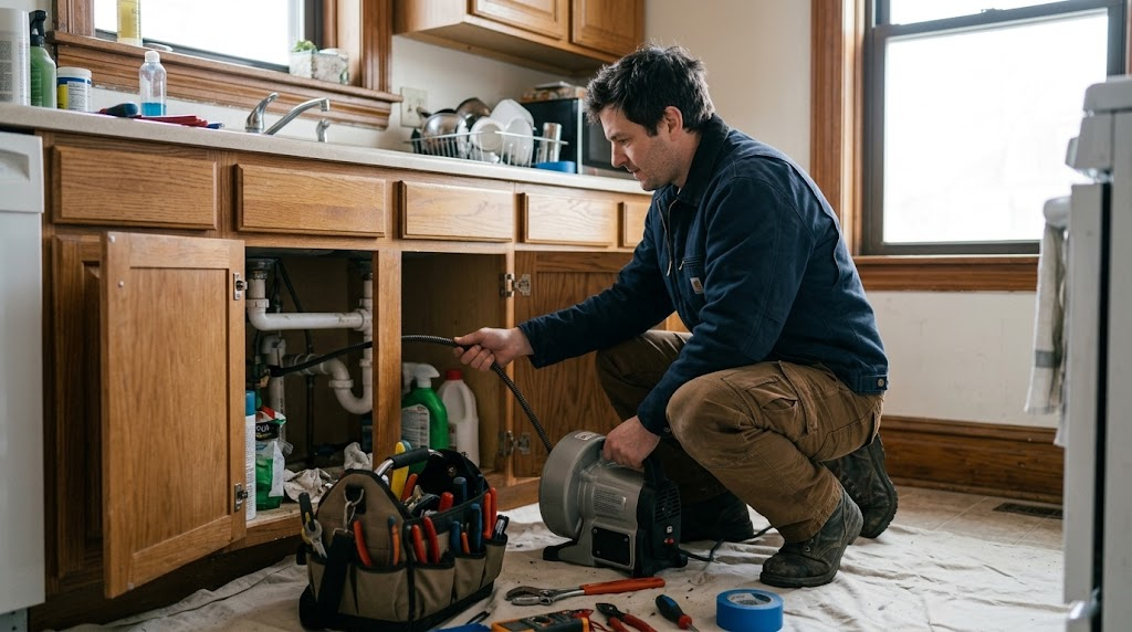 Plumbing technician operating motorized drain cleaning auger in Windsor Terrace Brooklyn basement