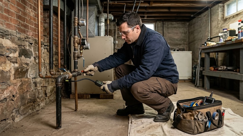 Plumber conducting high pressure gas test on black iron piping in Windsor Terrace Brooklyn