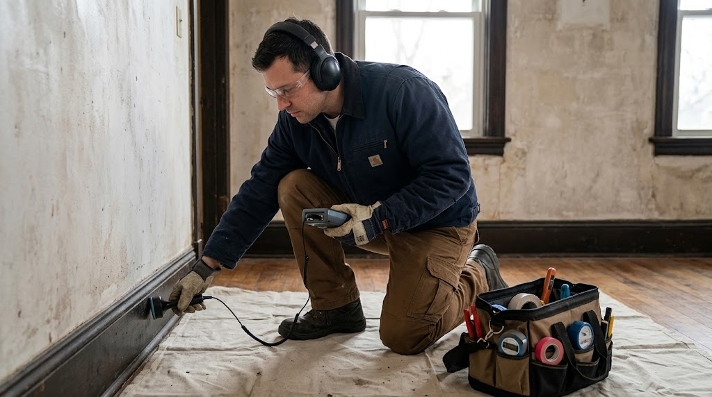 Plumber using acoustic leak detection ground microphone to locate concealed pipe leak in Windsor Terrace