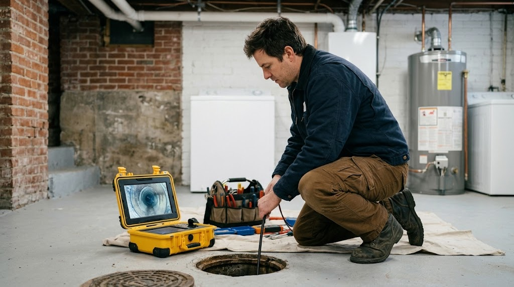 Plumbers performing high definition sewer camera inspection on main house drain in Windsor Terrace