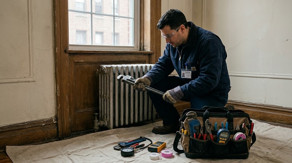 Plumbing technician tuning cast-iron radiator air vent and valve in Windsor Terrace Brooklyn