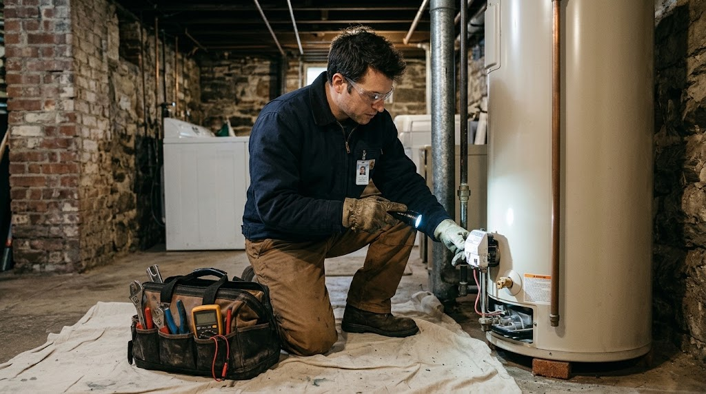 Plumbing technician testing burner assembly and gas control valve on water heater in Windsor Terrace Brooklyn